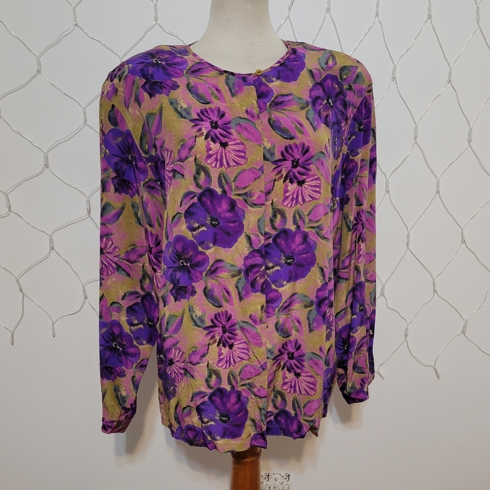 Diane Gilman • 100% Silk Floral Blouse • Purple & Tan • Shoulder Pads • Medium
